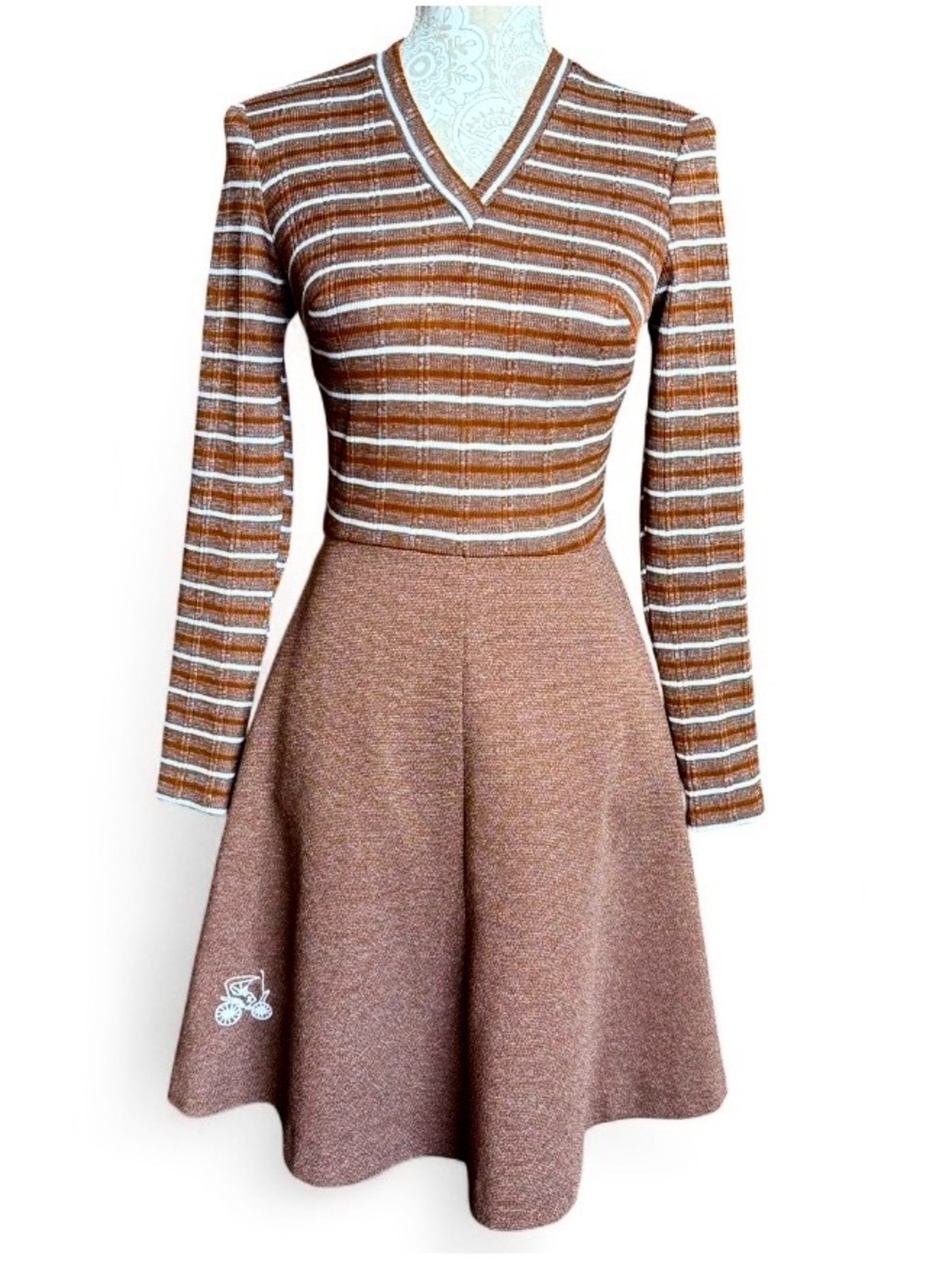 Vintage 1960s-70s Brown Striped V-Neck Fit & Flare Dress